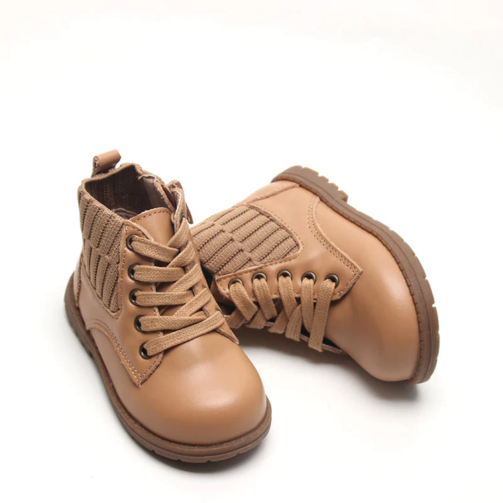 Leather Knit Combat Boot - Tan