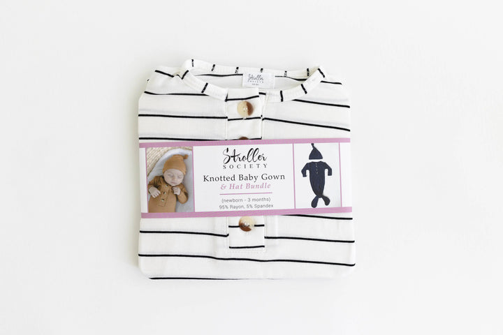 Newborn Knotted Baby Gown Set - Black Stripes