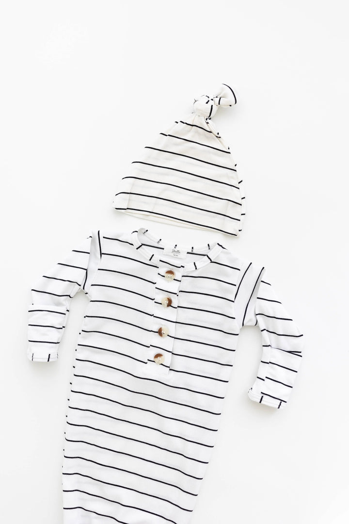 Newborn Knotted Baby Gown Set - Black Stripes