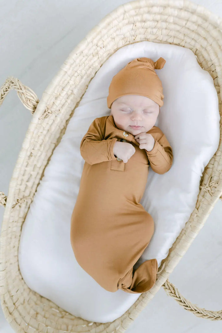 Newborn Knotted Baby Gown Set - Camel Brown