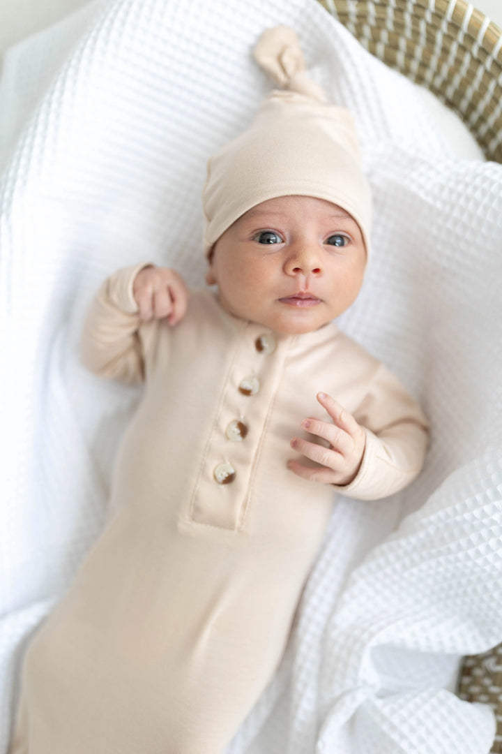 Newborn Knotted Baby Gown Set - Sand