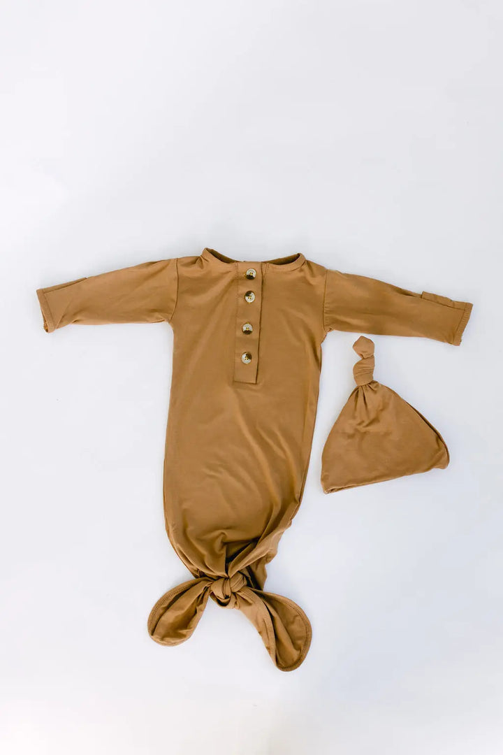 Newborn Knotted Baby Gown Set - Camel Brown