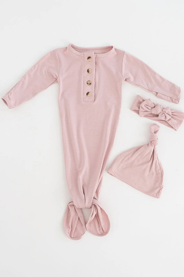 Newborn Knotted Baby Gown Set - Dusty Pink