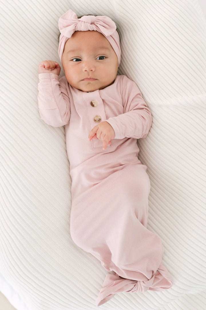 Newborn Knotted Baby Gown Set - Dusty Pink