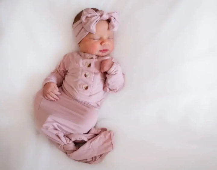 Newborn Knotted Baby Gown Set - Dusty Pink