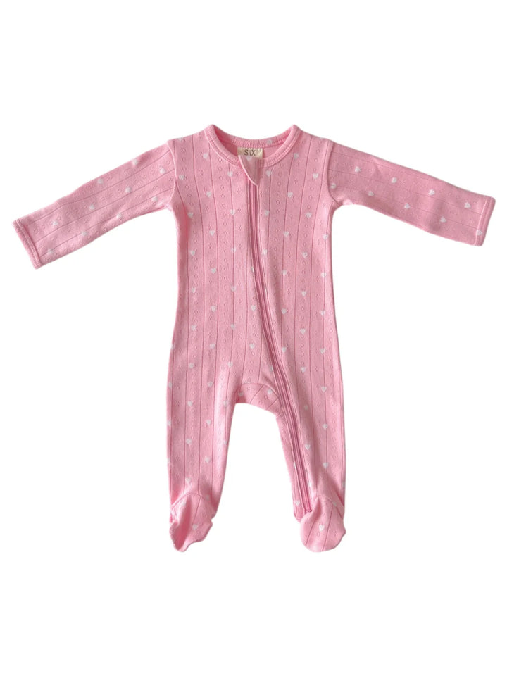 Pink with White Heart - Organic Pointelle 2-Way Zip Footie