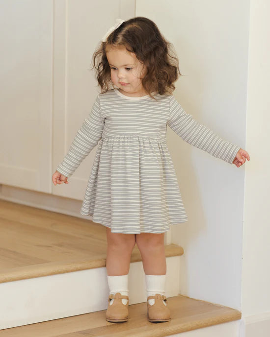 Ribbed Long Sleeve Dress - Steel Blue Micro Stripe