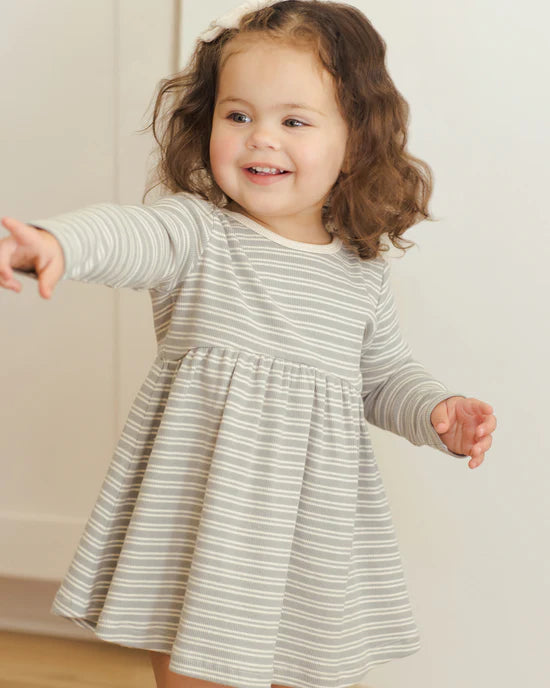 Ribbed Long Sleeve Dress - Steel Blue Micro Stripe