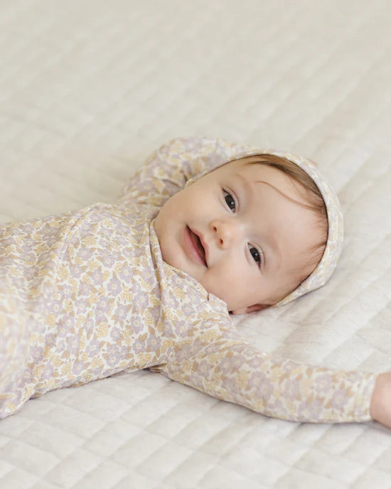 Knotted Baby Gown + Hat Set - Purple Floral