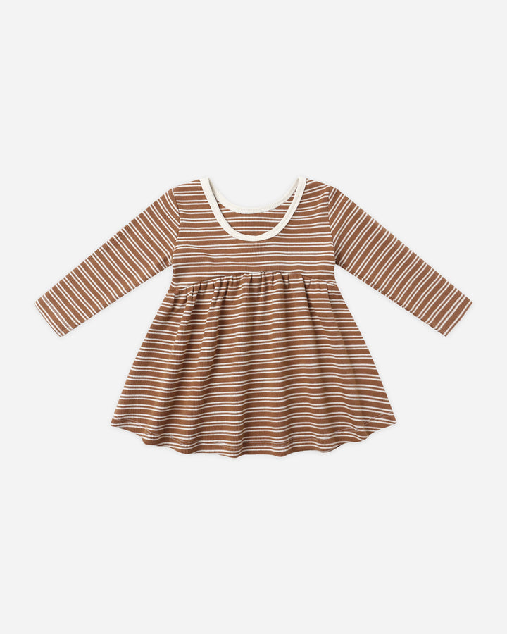 Ribbed Long Sleeve Dress - Cedar Micro Stripe