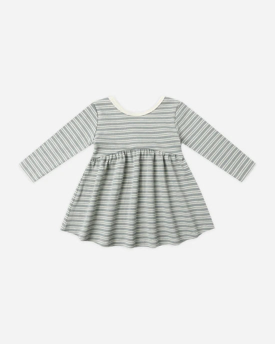 Ribbed Long Sleeve Dress - Steel Blue Micro Stripe