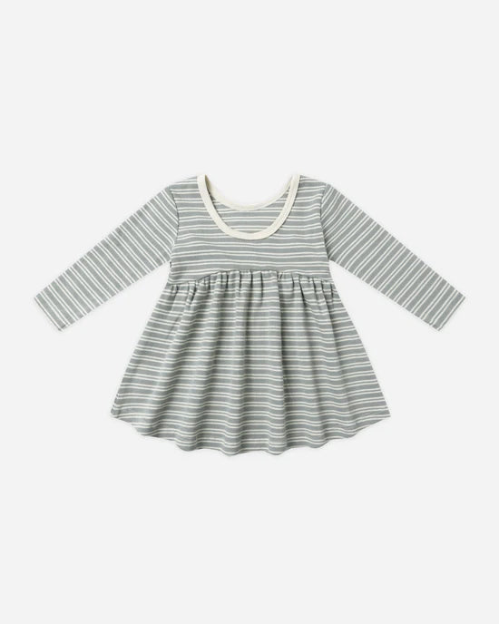 Ribbed Long Sleeve Dress - Steel Blue Micro Stripe