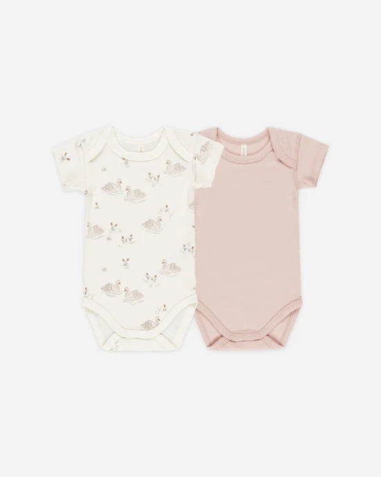 SHORT SLEEVE BODYSUIT, 2 PACK ||SWANS, PINK BLOSSOM