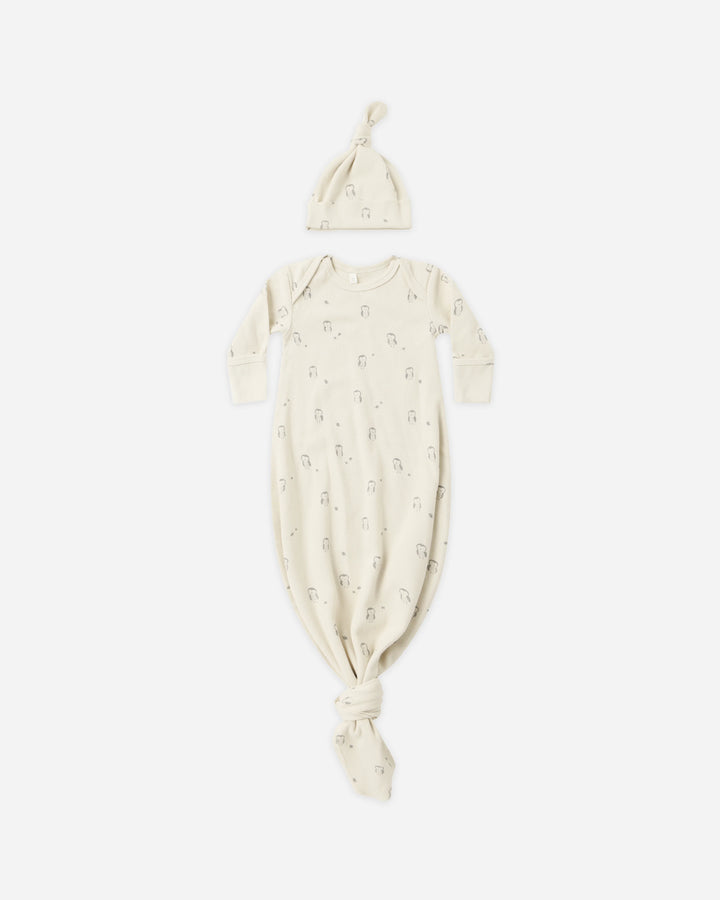 Knotted Baby Gown + Hat Set - Owls
