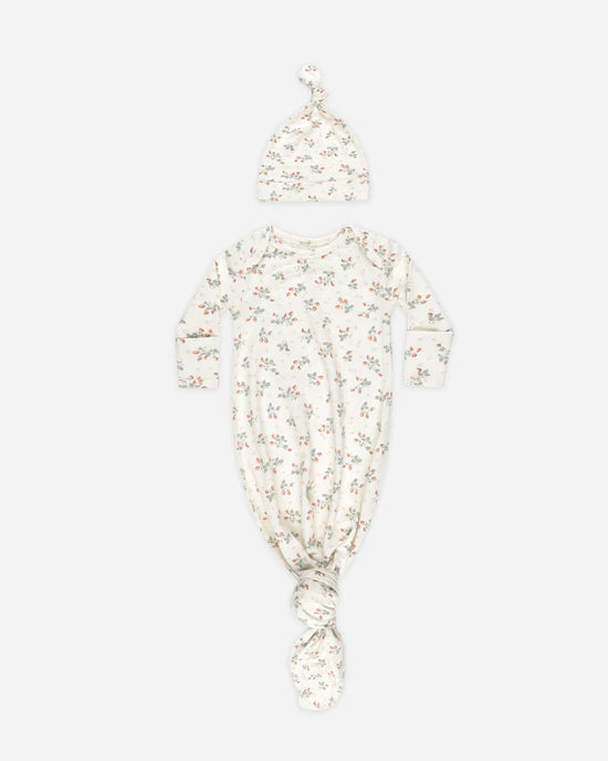 Knotted Baby Gown + Hat Set - Strawberries
