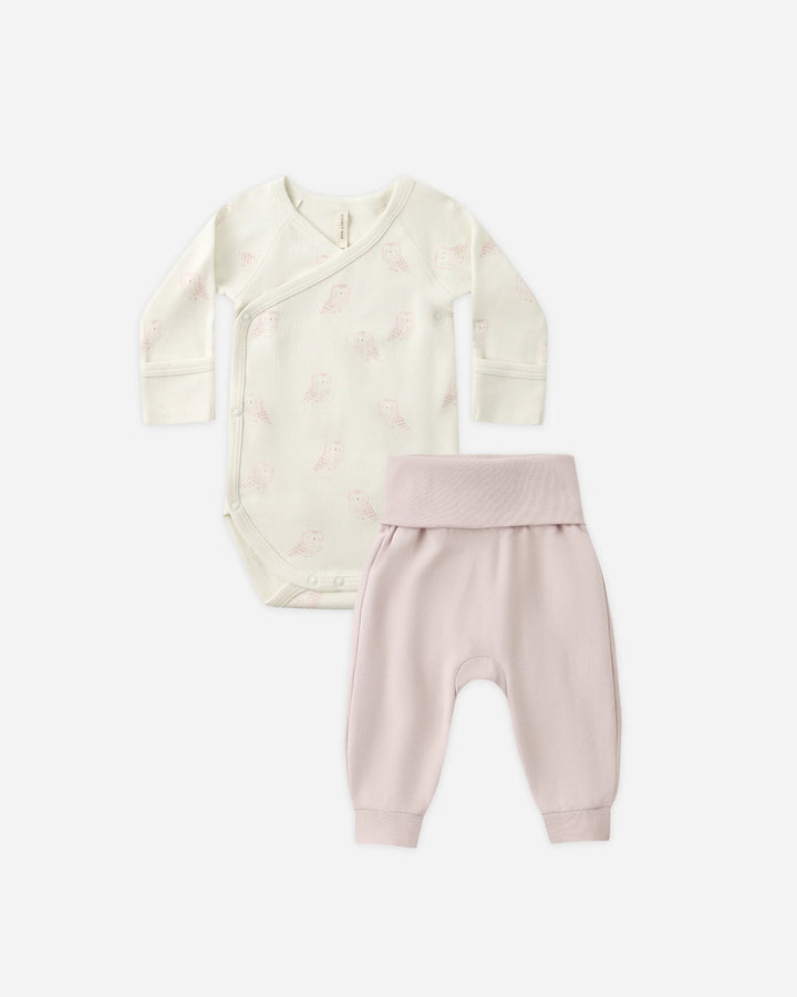 Side Snap Bodysuit + Pant Set - Snow Owls