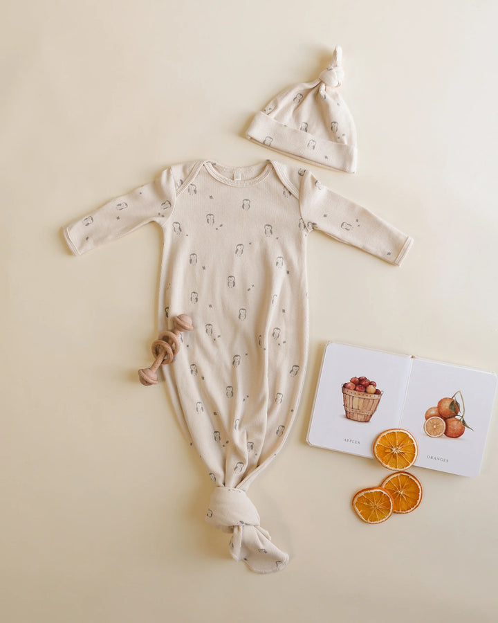 Knotted Baby Gown + Hat Set - Owls