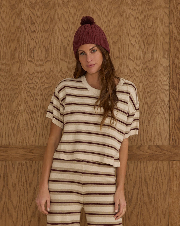 Boxy Crop Knit Tee - Burgundy Stripe