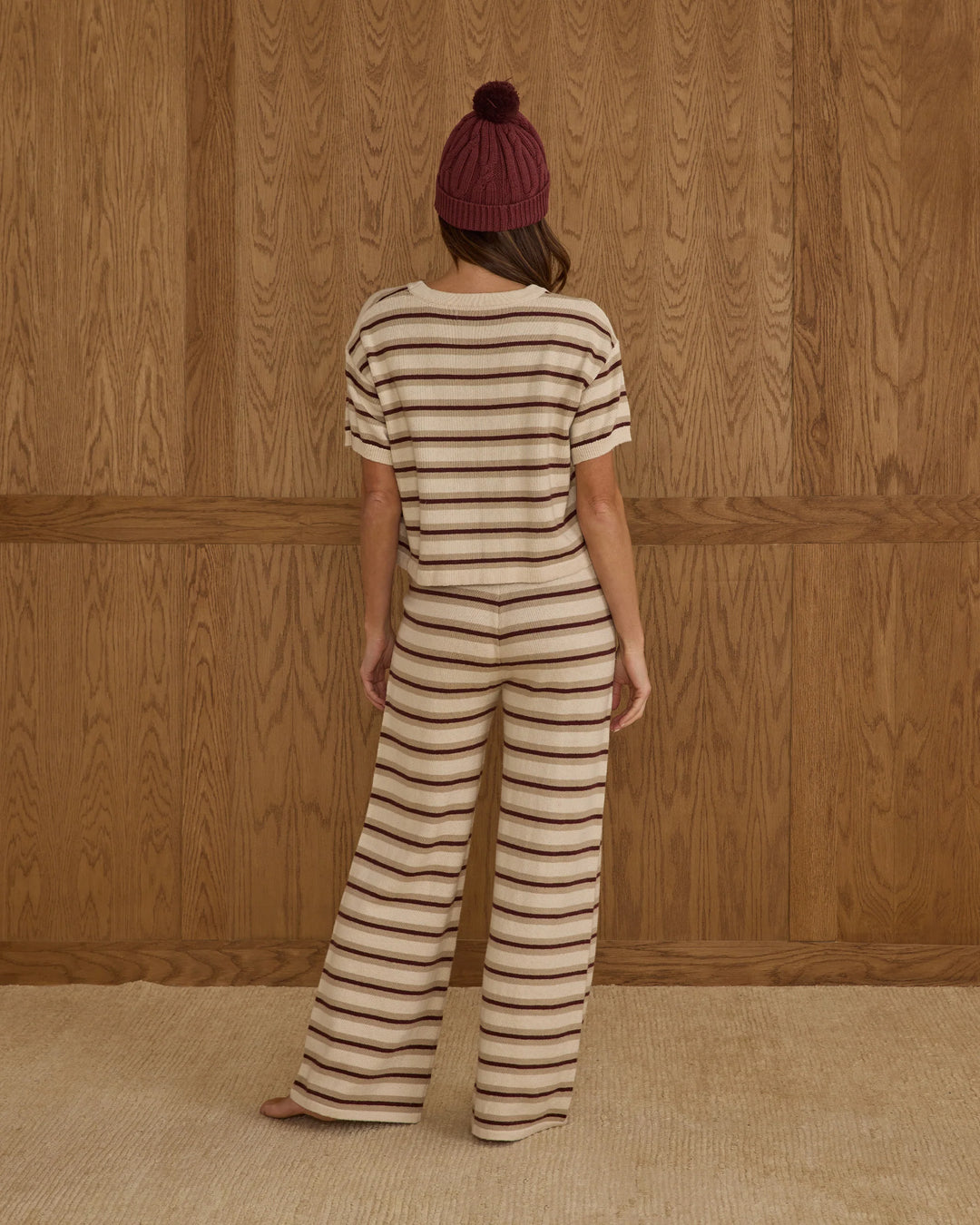 Knit Wide Leg Pant - Burgundy Stripe