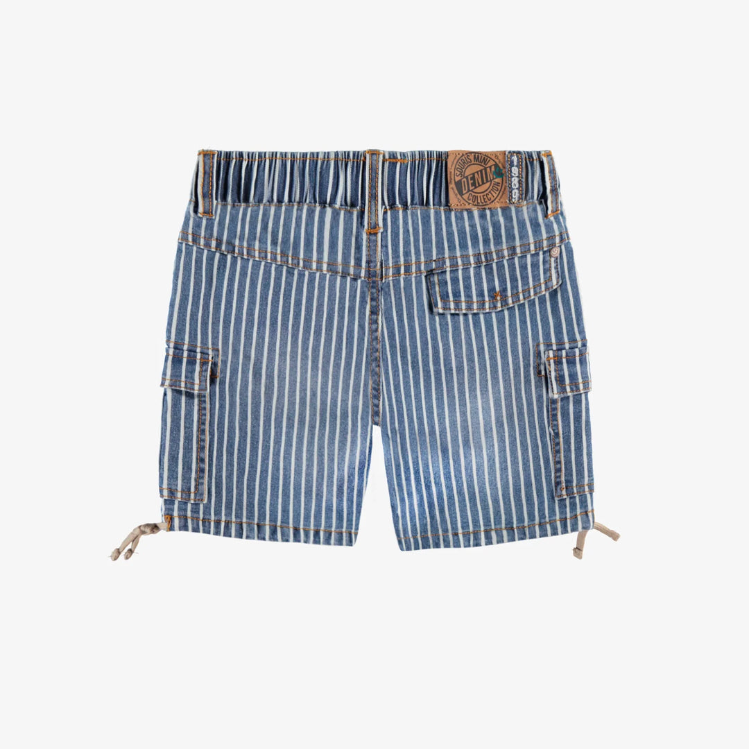 Blue and white striped railroad denim bermuda shorts