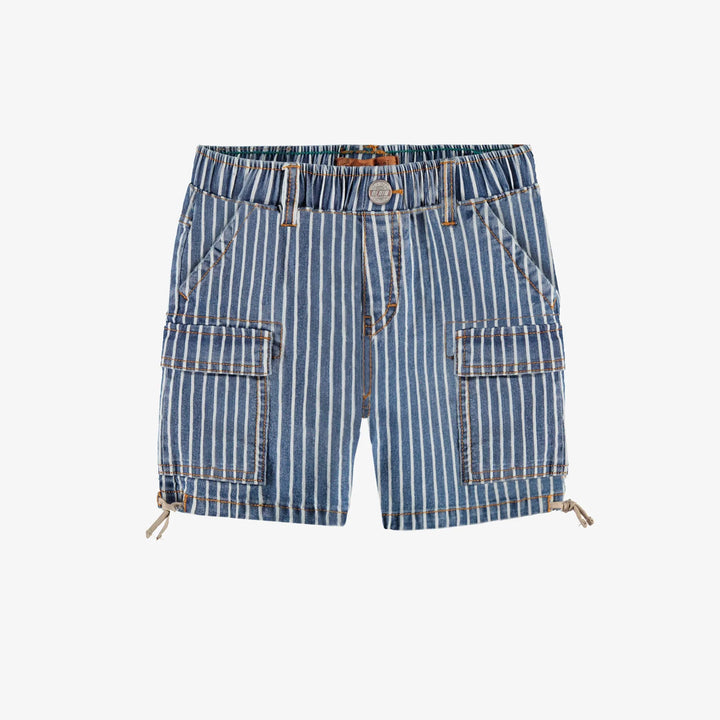 Blue and white striped railroad denim bermuda shorts