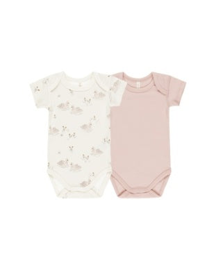 SHORT SLEEVE BODYSUIT, 2 PACK ||SWANS, PINK BLOSSOM