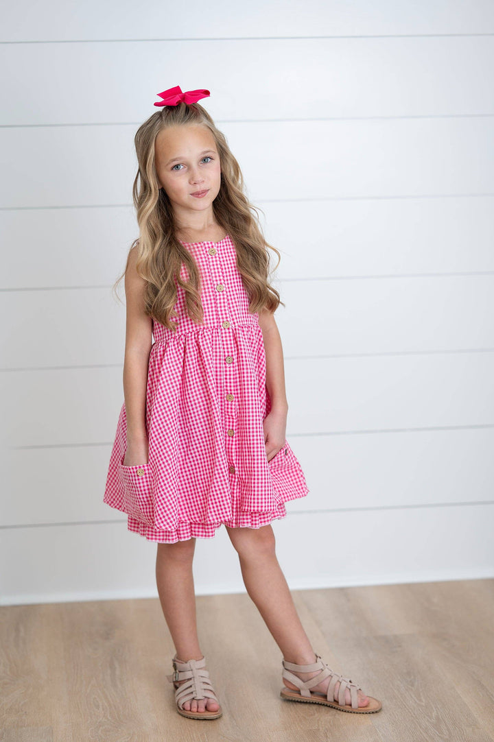 Kids Brooke Hot Pink Gingham Check Pocket Spring Dress: 2