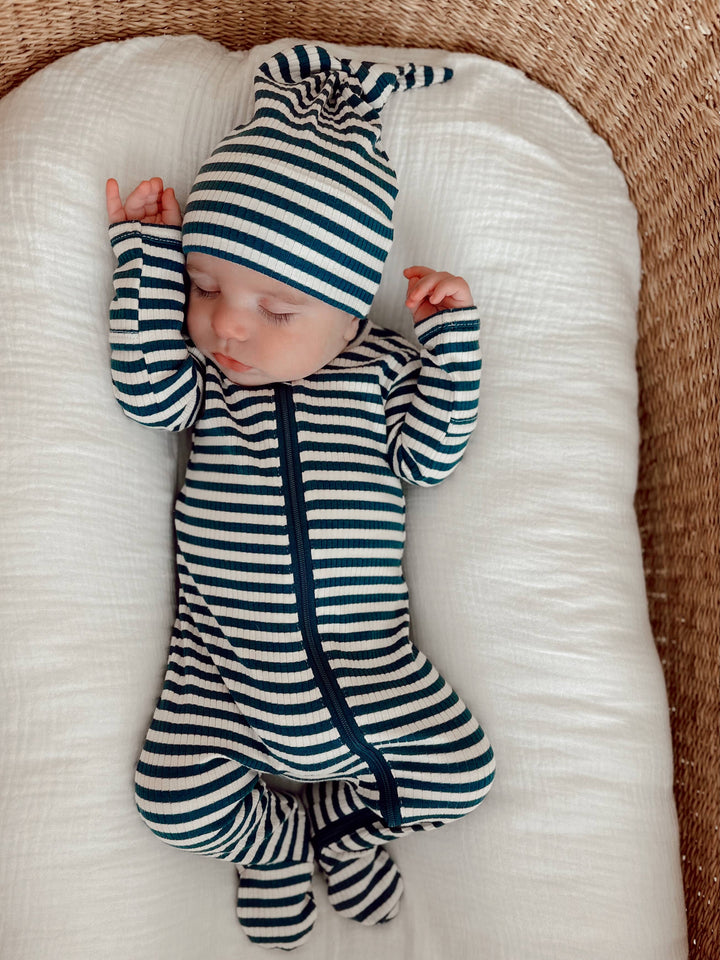 Steel Blue Stripe -  Ribbed Zip Footie
