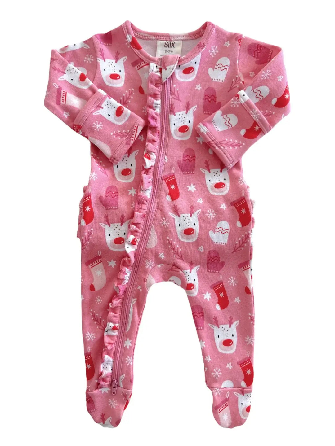 Reindeer Pink - Organic Frill Zip Footie