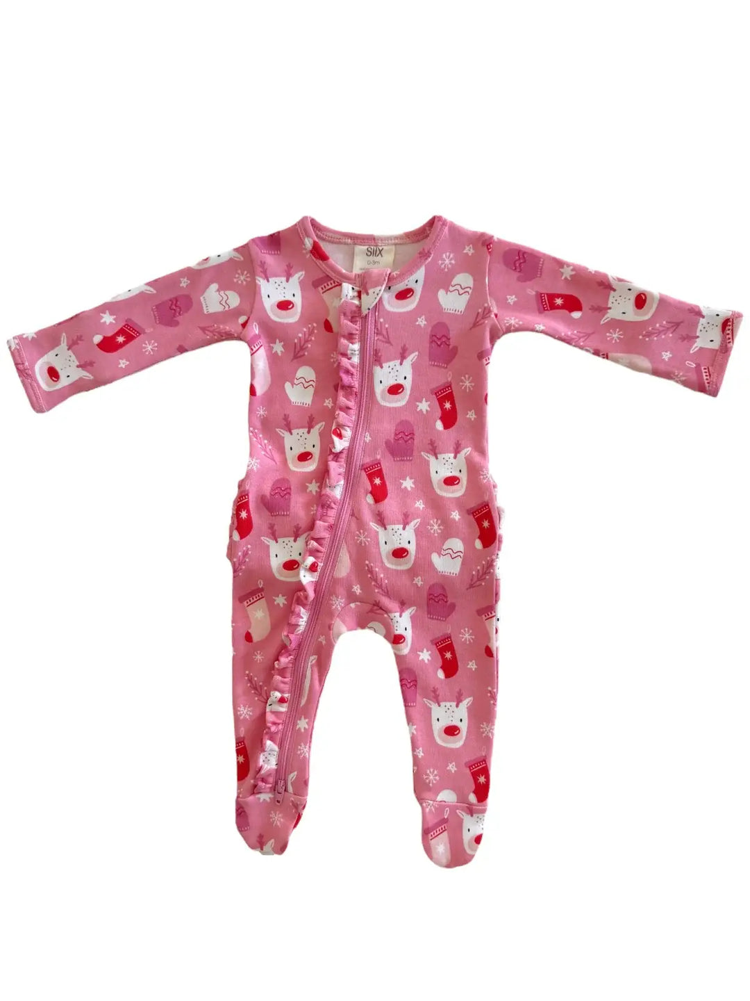 Reindeer Pink - Organic Frill Zip Footie