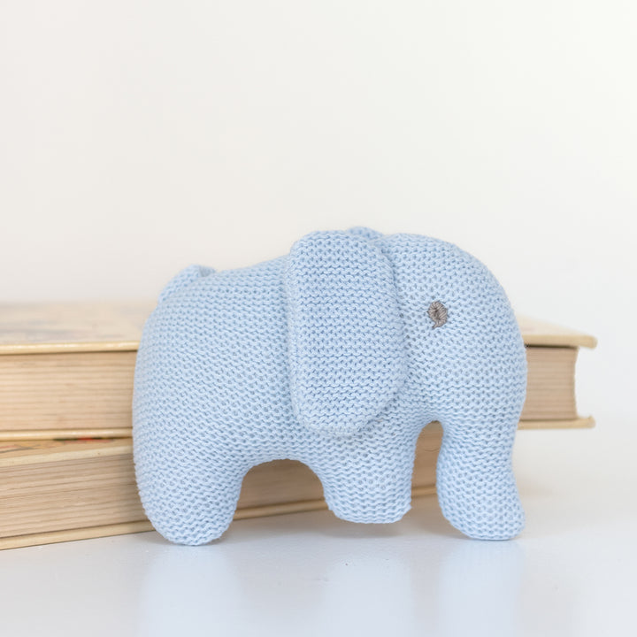 Knitted Organic Cotton Blue Elephant Baby Rattle