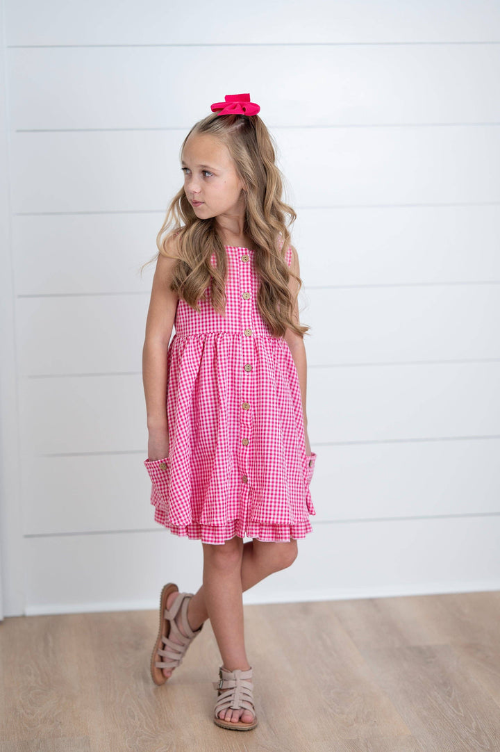 Kids Brooke Hot Pink Gingham Check Pocket Spring Dress: 2