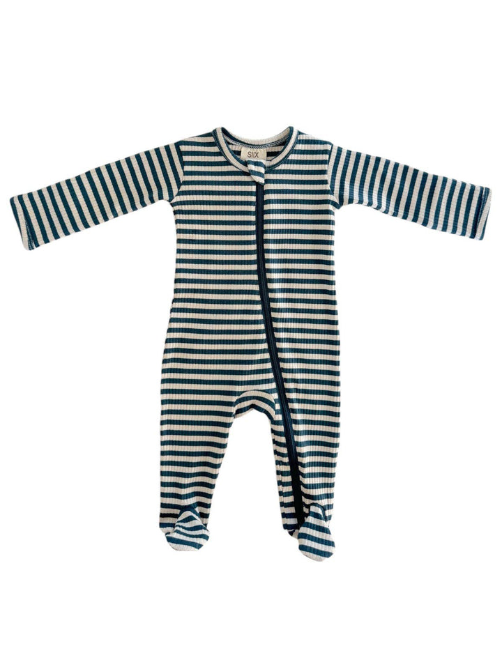 Steel Blue Stripe -  Ribbed Zip Footie