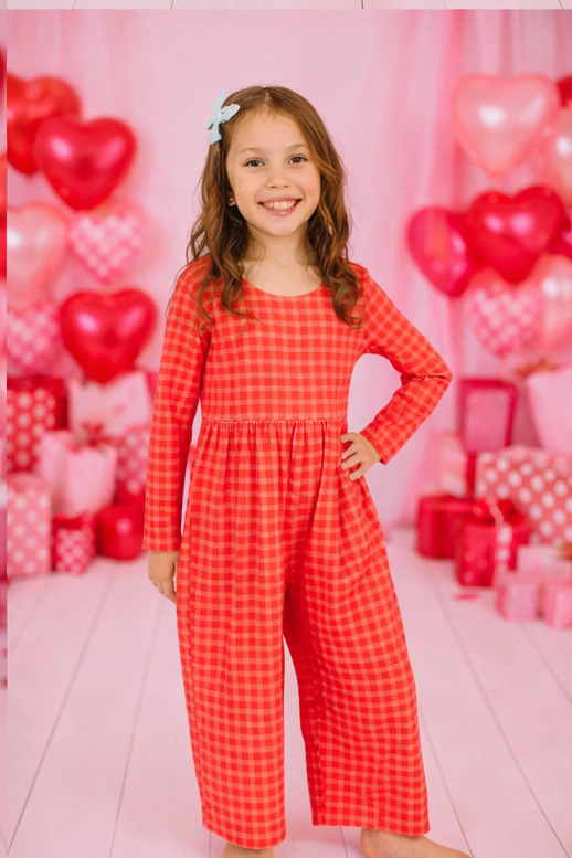 Long Sleeve Leggy Romper in Red Picnic Plaid