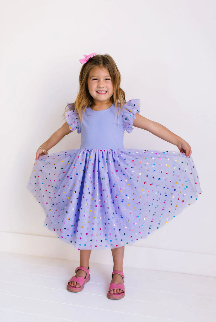 Olivia Dress in Purple Confetti | Girls Luxury Dress