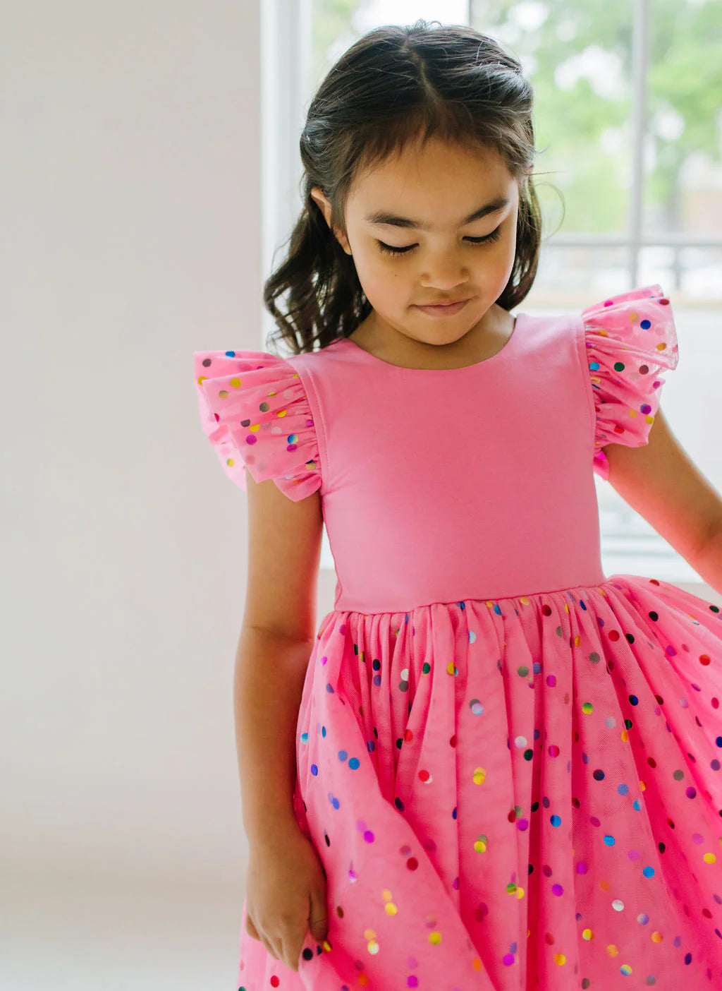 Olivia Dress in Pink Confetti | Girls Luxury Dress