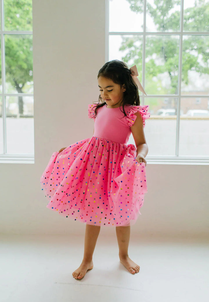 Olivia Dress in Pink Confetti | Girls Luxury Dress