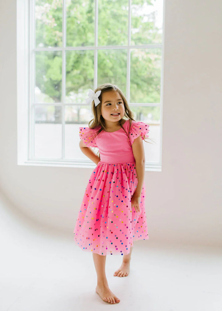 Olivia Dress in Pink Confetti | Girls Luxury Dress