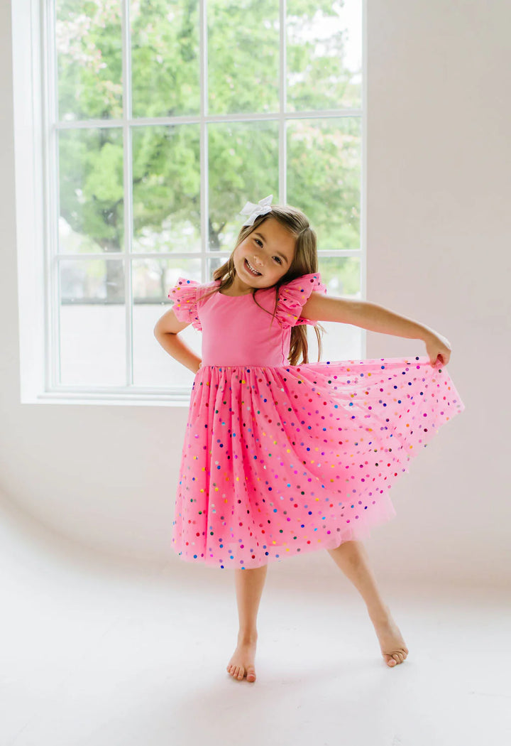 Olivia Dress in Pink Confetti | Girls Luxury Dress