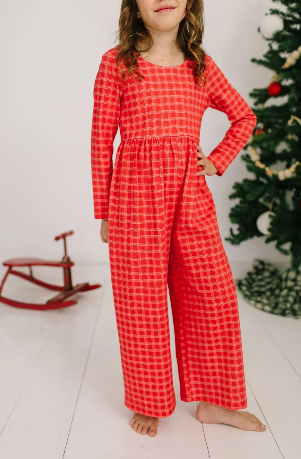 Long Sleeve Leggy Romper in Red Picnic Plaid