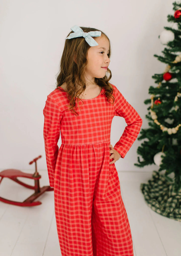 Long Sleeve Leggy Romper in Red Picnic Plaid