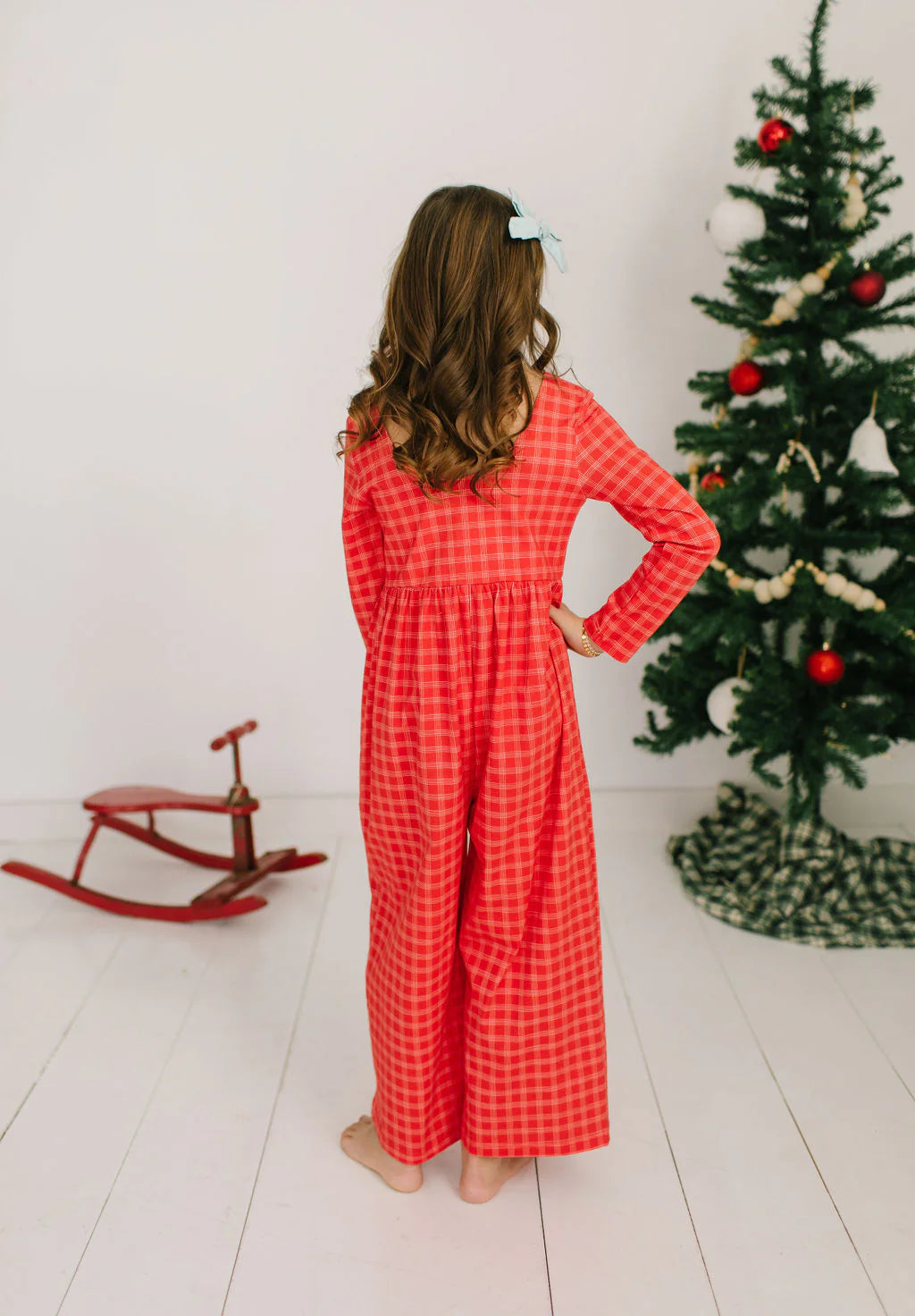 Long Sleeve Leggy Romper in Red Picnic Plaid