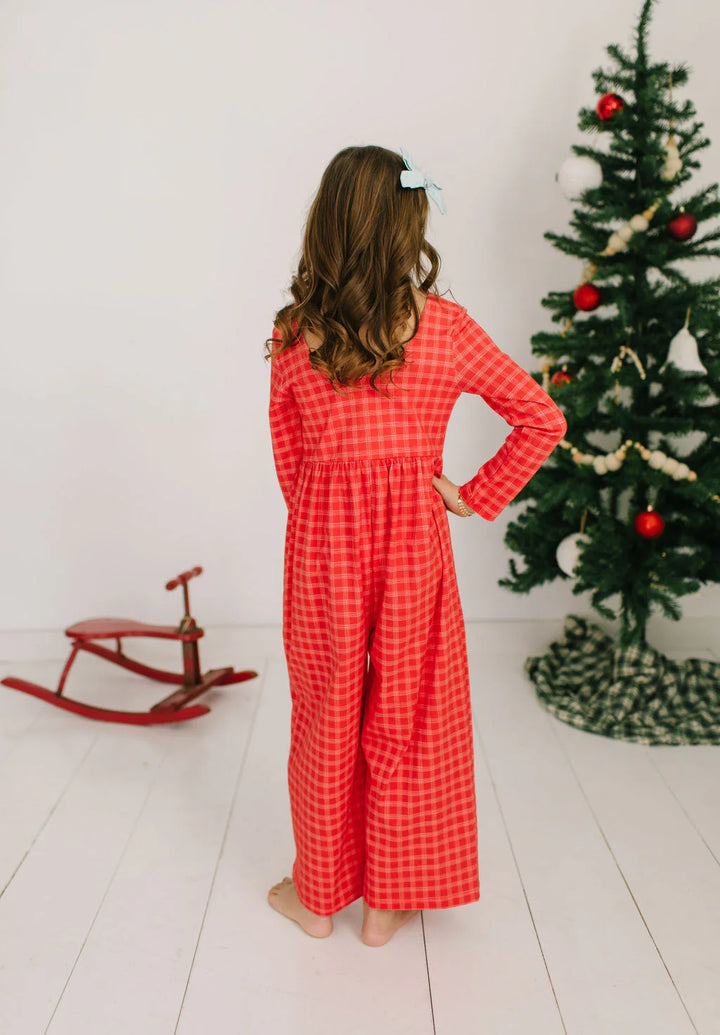 Long Sleeve Leggy Romper in Red Picnic Plaid