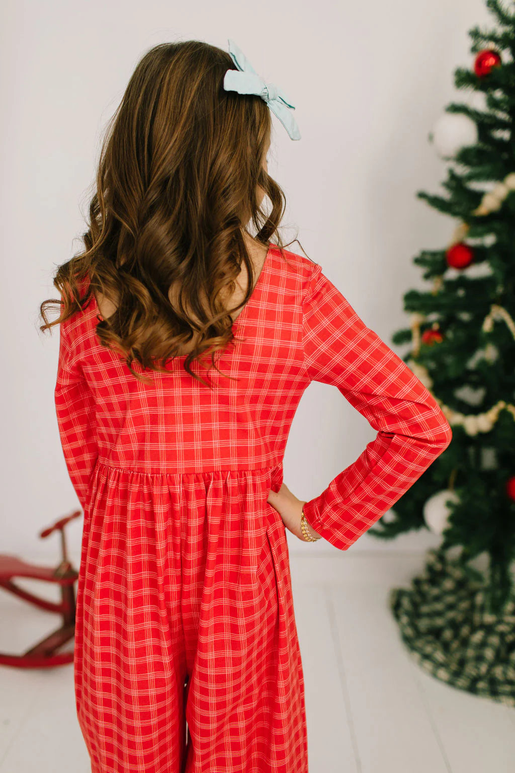 Long Sleeve Leggy Romper in Red Picnic Plaid