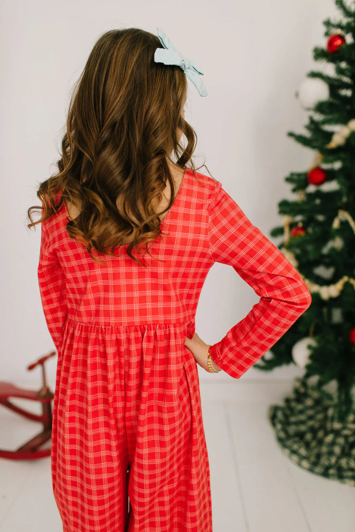Long Sleeve Leggy Romper in Red Picnic Plaid
