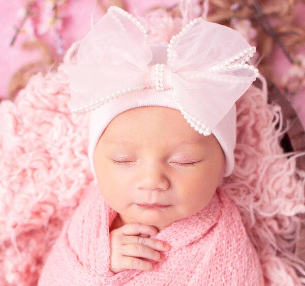 Pink Chiffon Pearl Bow Newborn Girl Hospital