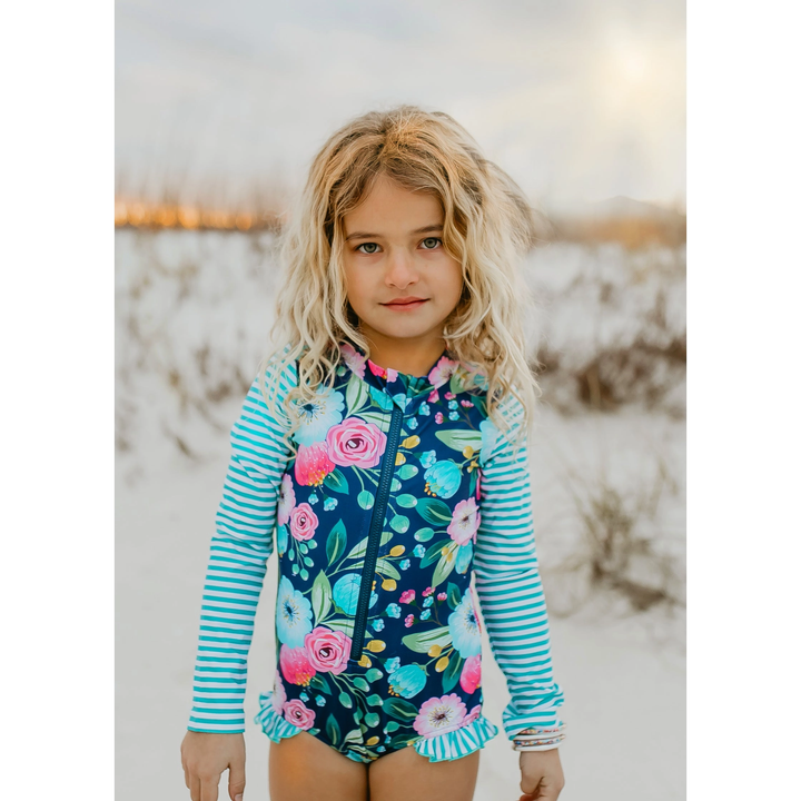 Navy Teal Stripe Zip Rash guard Swimsuit