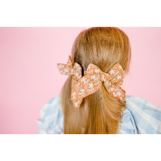 Floral Stitched Linen Hair Bows (Blush, Nude Nylon Headband)