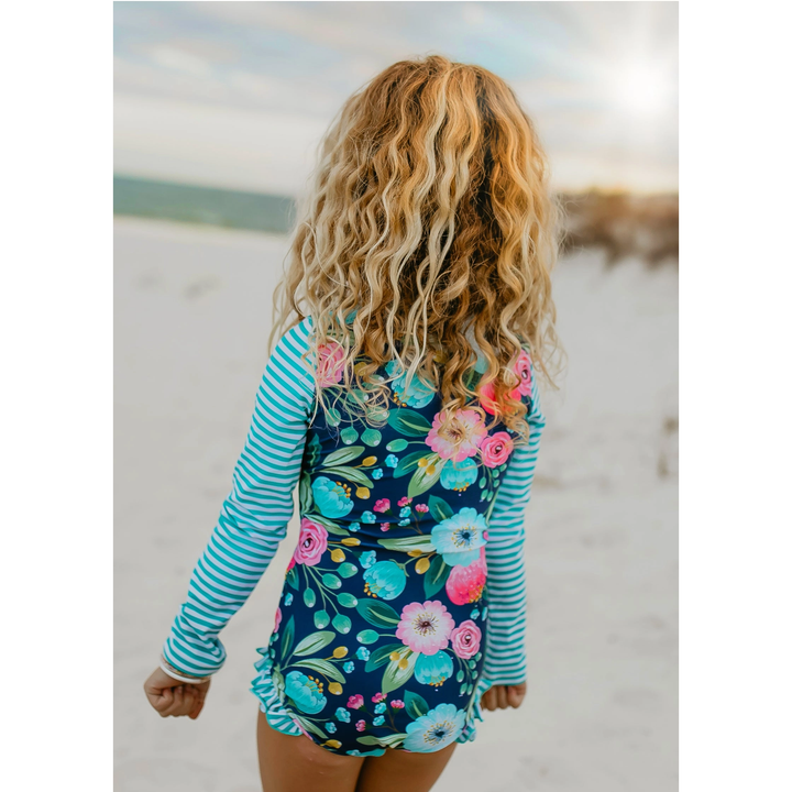 Navy Teal Stripe Zip Rash guard Swimsuit