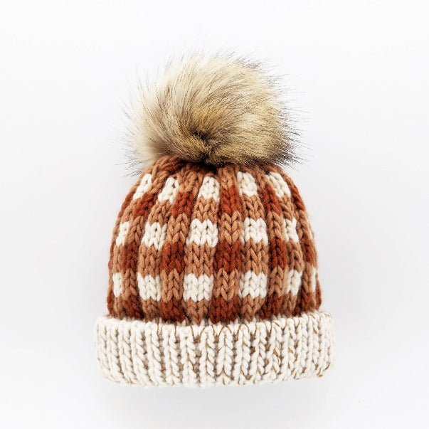 Women's Buffalo Check Knit Beanie Hat  - Sienna